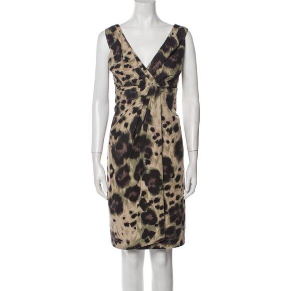 RED Valentino Khaki Green Beige Black Leopard Print Faux Wrap Sheath Dress 46/8 - Picture 4 of 9